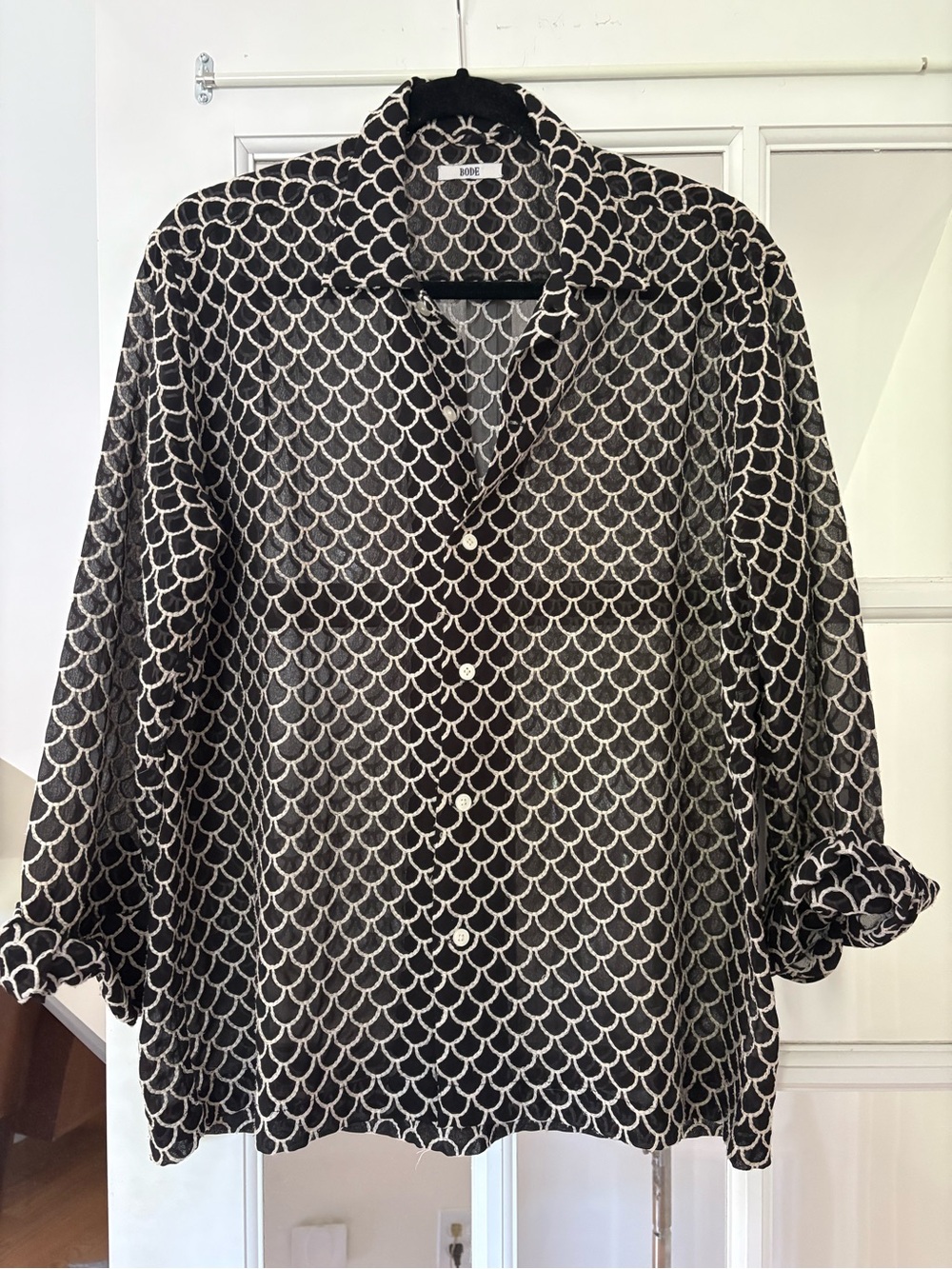 BODE semi sheer fish scale button down shirt top M/L